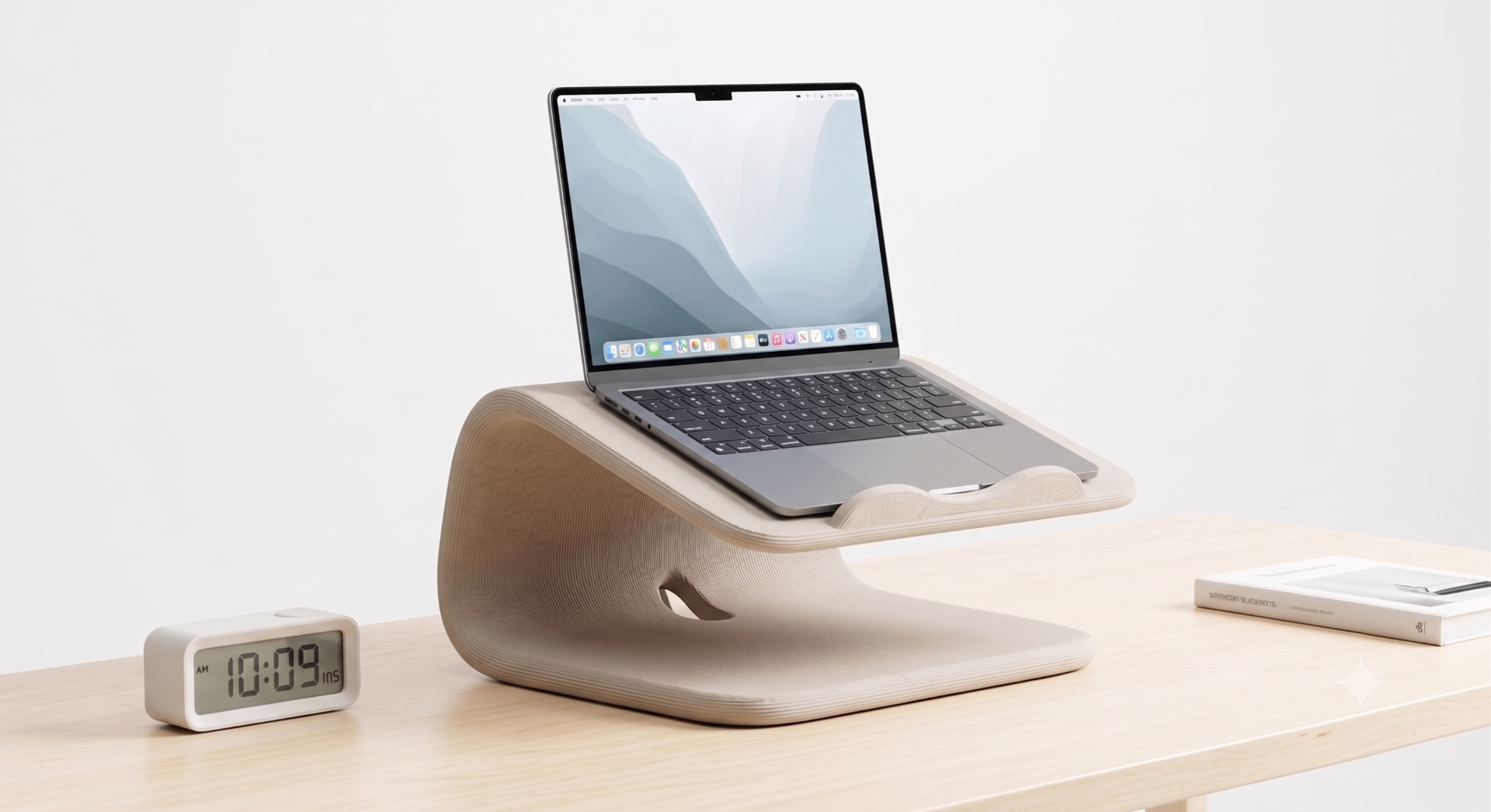 Sculptural laptop riser with a slatted base
